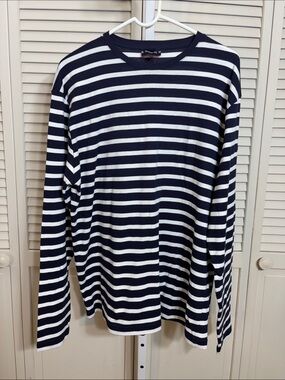 Armor Lux Men's Nautical Navy and White Striped Long-Sleeve Crewneck XXL